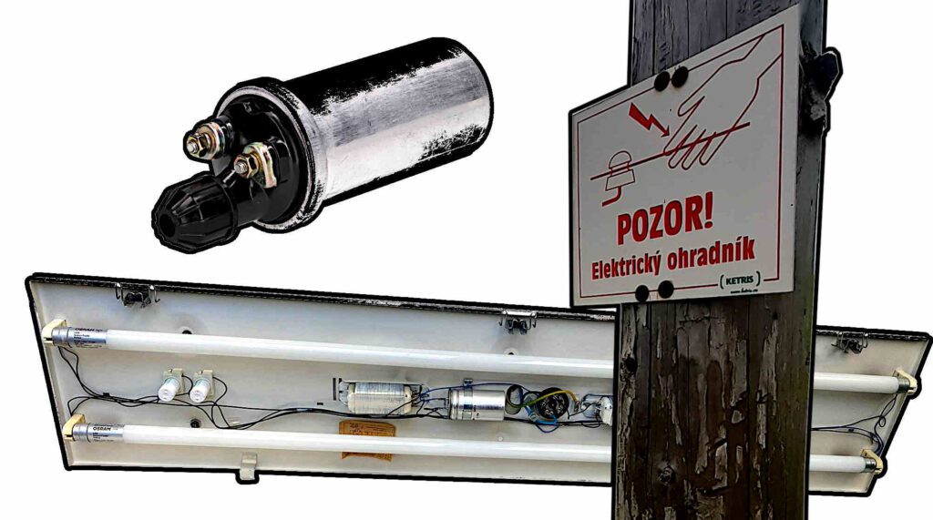 Indukční cívka z auta, zářivkové svítidlo, sloup z elektrického ohradníku