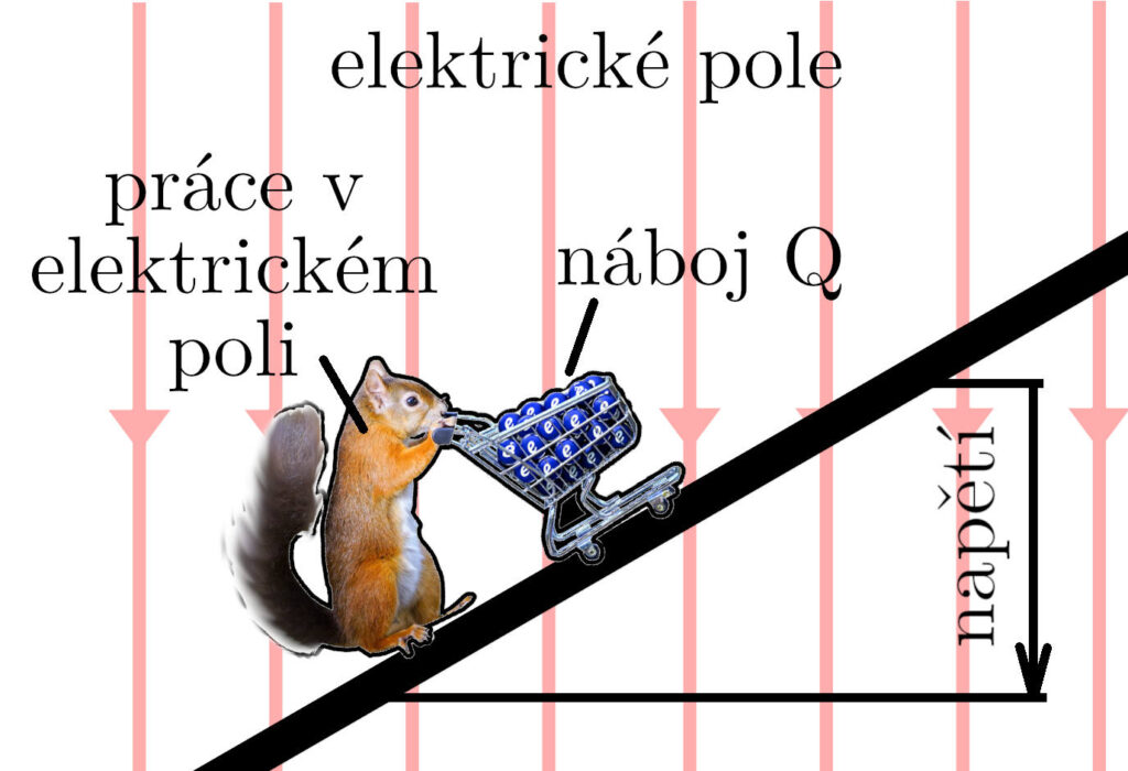 Veverka tlačící vozík s elektrony v elektrickém poli proti směru pole